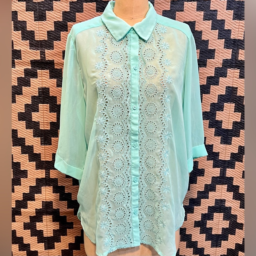 Seafoam aqua eyelet floral lace button down shirt blouse lightweight sheer beach - Picture 8 of 12